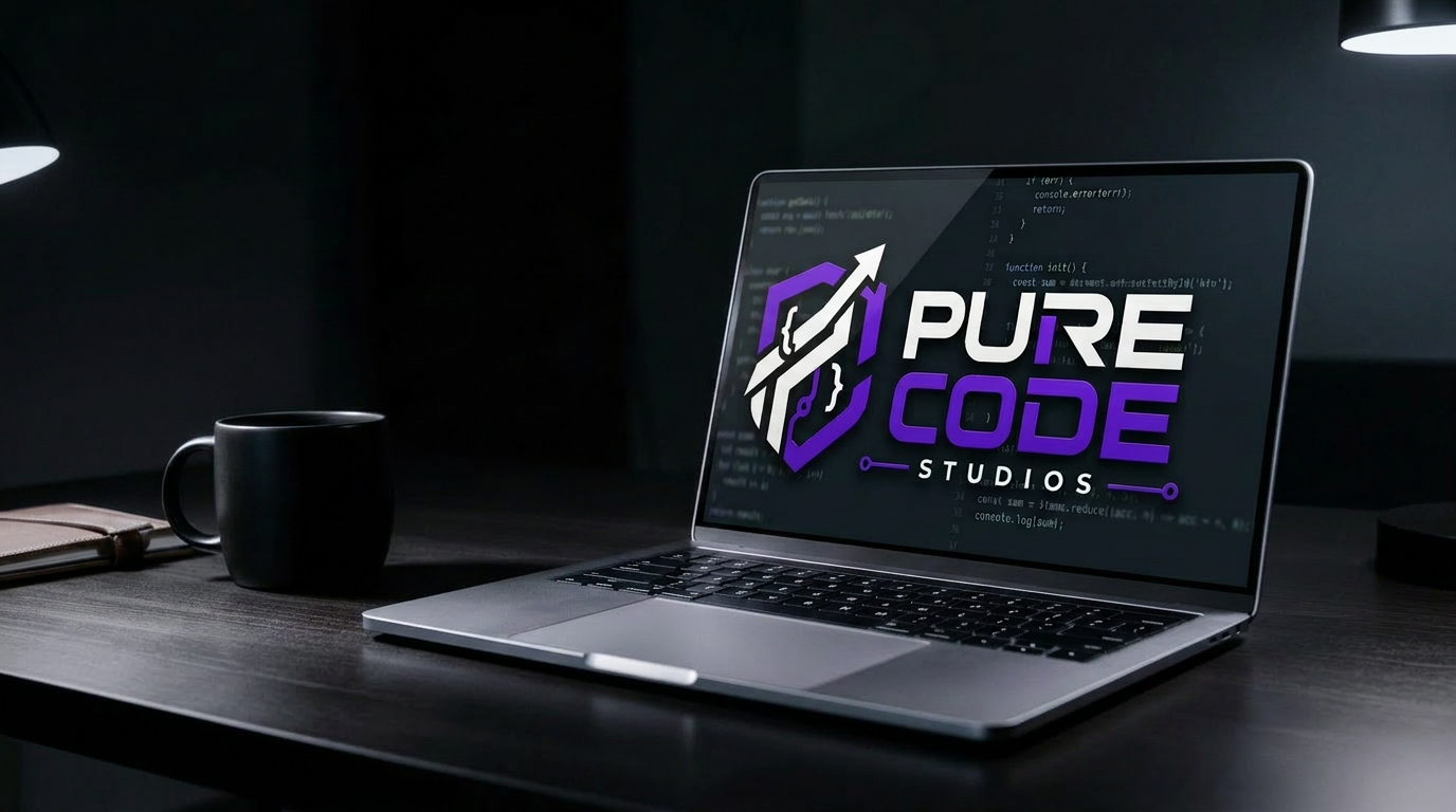 Real laptop with Pure Code Studios logo and blurred code on the screen